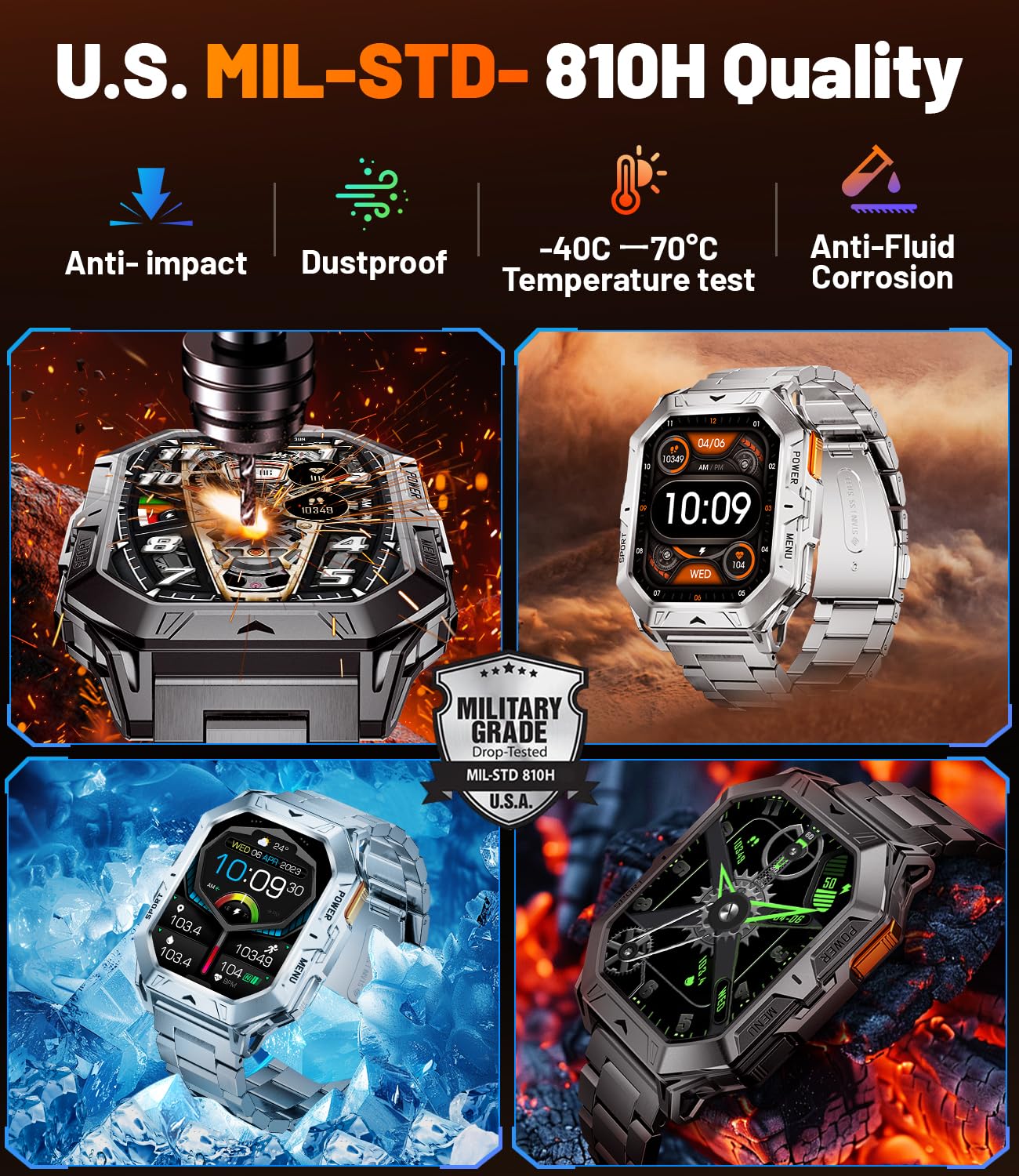 Hirreo Military Smart Watch For Men, 2.13 ' ' Amoled Smartwatch, 80 Days Long Battery, 100+ Sport Mode/Ip68 Waterproof Fitness T